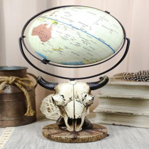 Rustic Western Bison Bull Cow Skull World Atlas Map Globe Decorative Figurine