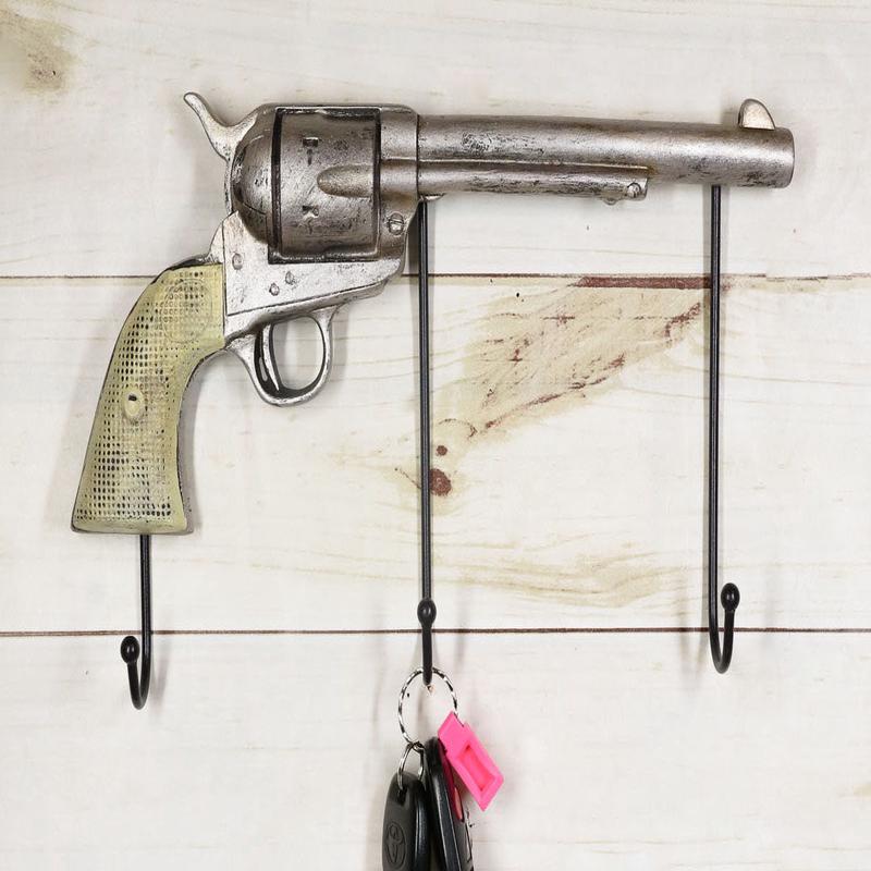 Rustic Western Country Cowboy Revolver Pistol Gun 3-Peg Wall Hooks Plaque