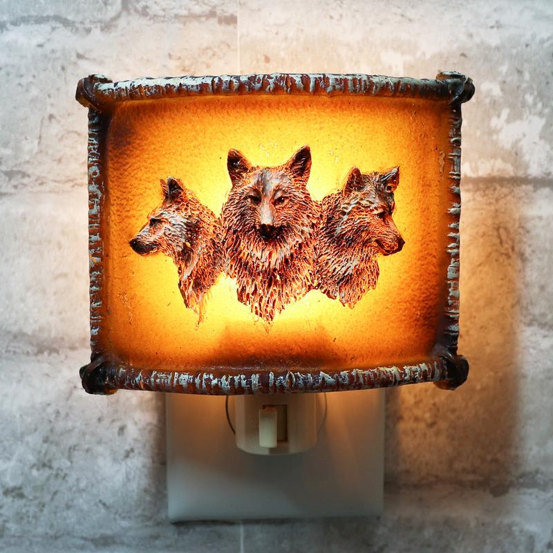 Rustic Western Wolfpack Gray Wolves Faux Birchwood Wall Plug In Night Lights
