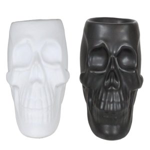 Set Of 2 Black And White Gothic Skull Skeleton Ceramic Votive Candle Oil Warmers