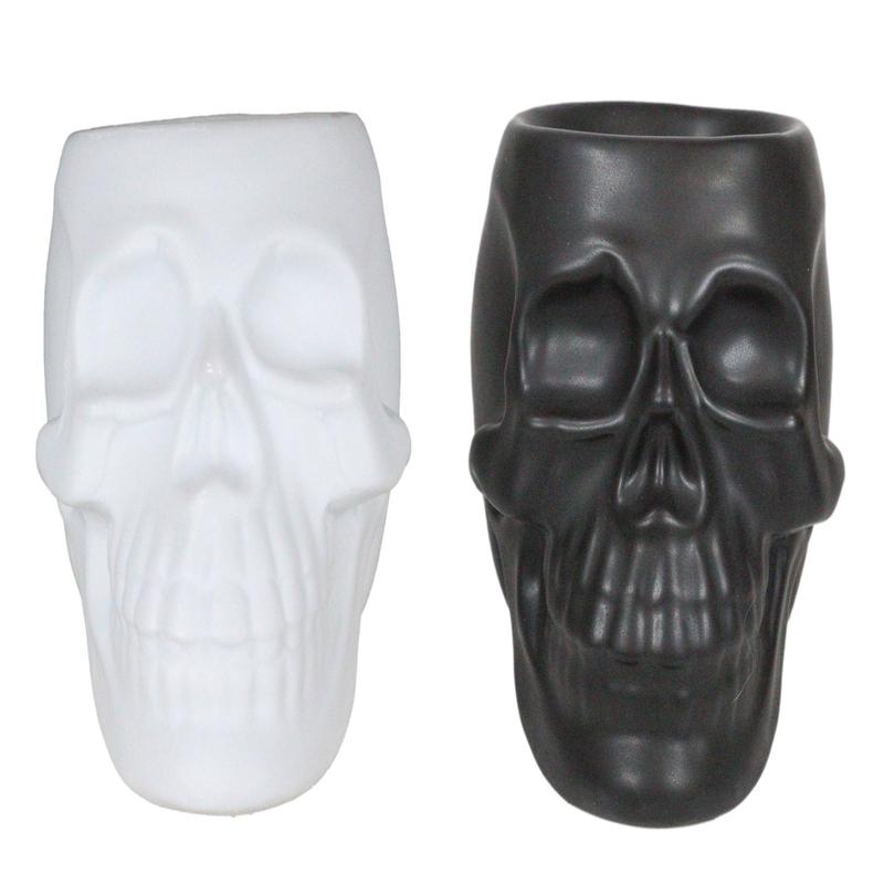 Set Of 2 Black And White Gothic Skull Skeleton Ceramic Votive Candle Oil Warmers