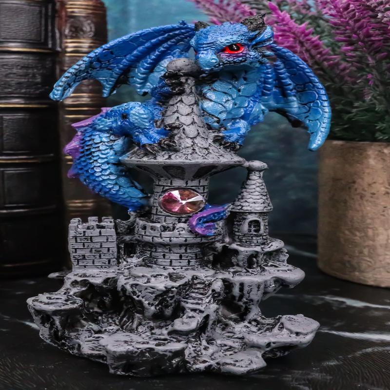 Small Blue Guardian Dragon Protecting Rhinestone Rock Crystal Castle Figurine