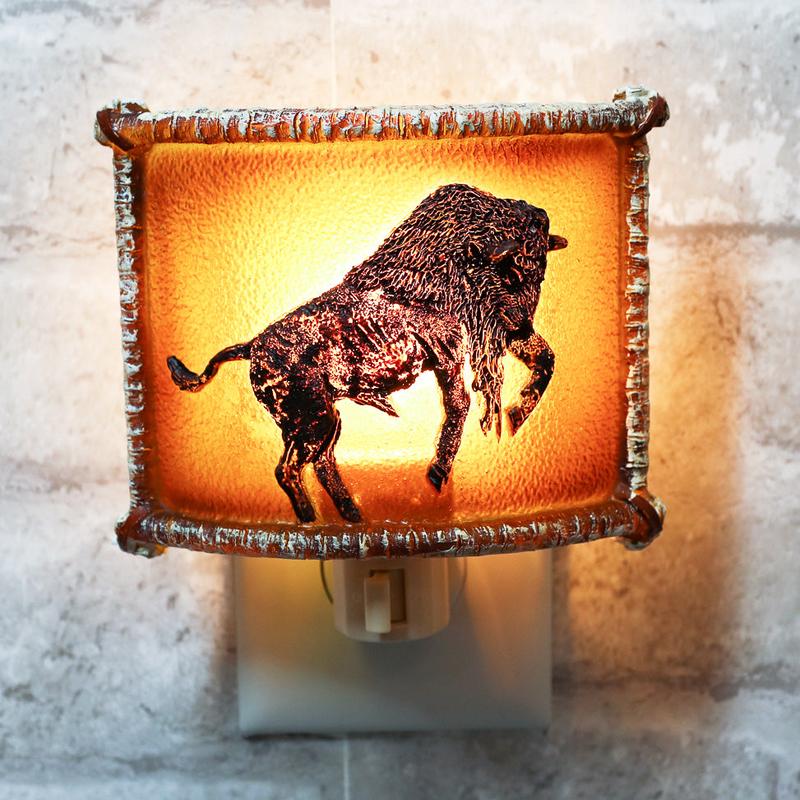 Western Charging Buffalo Bison Bull Faux Birchwood Wall Plug In Night Lights