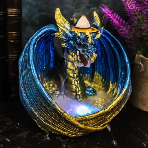 Blue Wise Dragon Guarding LED Light Crystals Smoky Backflow Cone Incense Burner
