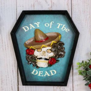 Day Of The Dead Masquerade Red Rose Skull With Sombrero Hat In Coffin Wall Decor
