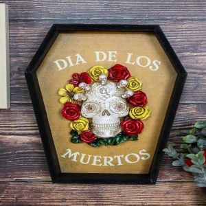 Dia De Muertos Tattoo Skull With Red And Yellow Flowers In Coffin Wall Decor