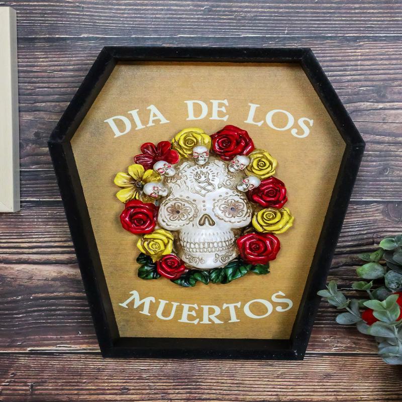 Dia De Muertos Tattoo Skull With Red And Yellow Flowers In Coffin Wall Decor
