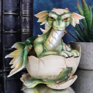 Fantasy Sulky Green Baby Dragon Hatchling Emerging From Egg Mini Figurine