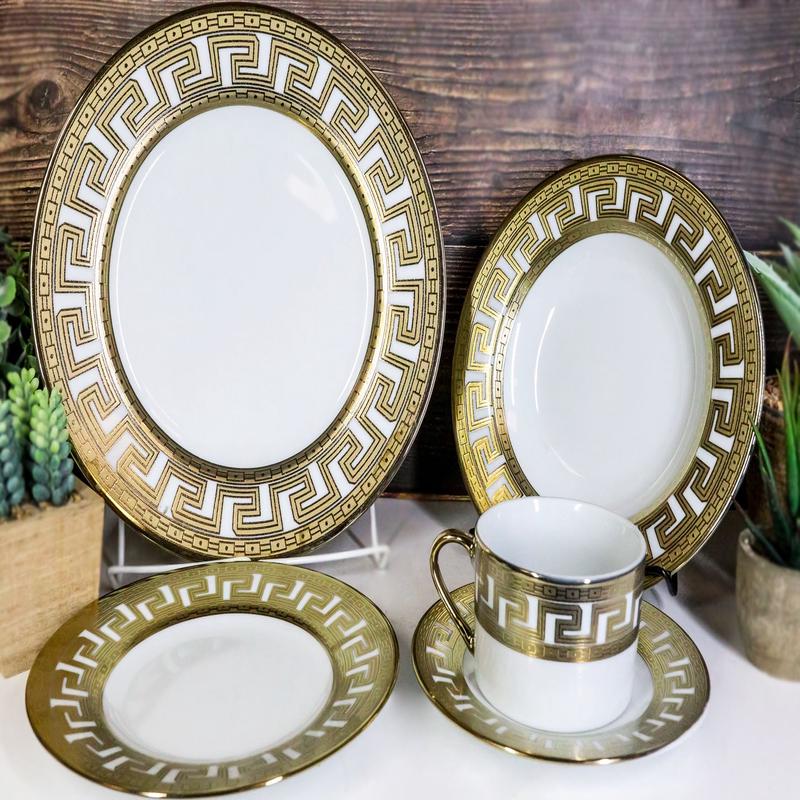 Gold Plated Baroque Barocco Golden Greek Key Border 40 Pcs Luxury Dinnerware Set