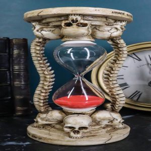 Gothic Alchemy Graveyard 4 Skulls With Skeleton Spine Bones Sand Timer Figurine