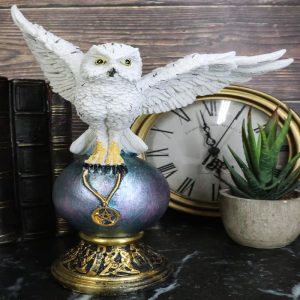 Gothic Snowy Owl Talisman Pentagram Pendant Perching On Gazing Ball Orb Figurine