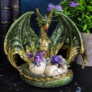 Metallic Green Gold Terra Mother Dragon Guarding 2 Wyrmlings In Eggs Figurine