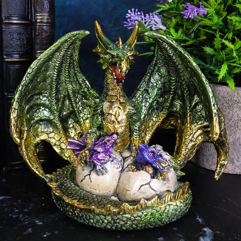 Metallic Green Gold Terra Mother Dragon Guarding 2 Wyrmlings In Eggs Figurine