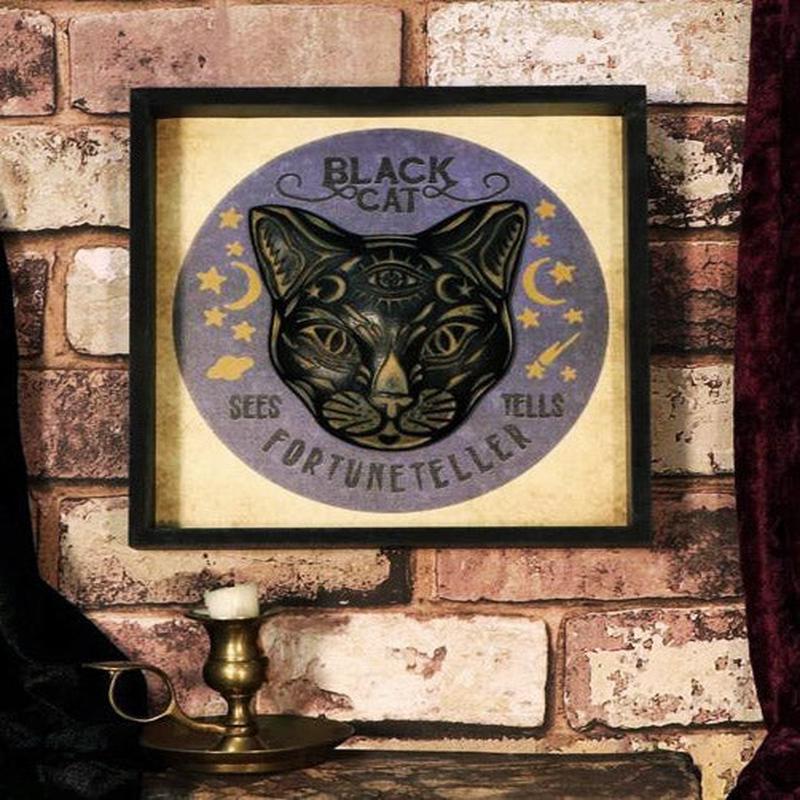 Moons Stars Wicca Black Cat Sees Tells Fortune Teller Wall Decor Picture Frame
