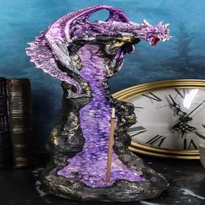 Purple Dragon On Geode Rock Gemstone Quartz Pillar Incense Burner Figurine
