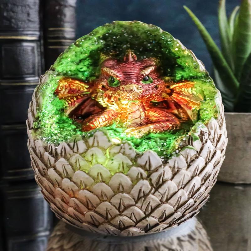 Red Thinker Baby Dragon In Faux Crystal Geode Scaly Egg LED Night Light Figurine