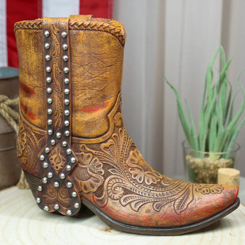 Rustic Western Brown Nailheads Floral Paisley Scroll Cowboy Boot Vase Figurine