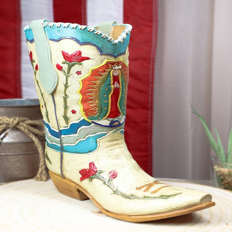 Rustic Western Colorful Our Lady Madonna Guadalupe Cowboy Boot Vase Figurine