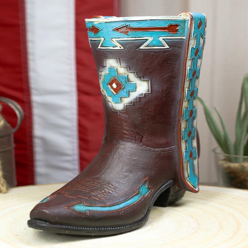 Rustic Western Navajo Indian Vector Arrows Tooled Leather Cowboy Boot Vase Decor