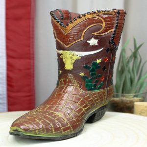 Rustic Western Texas Longhorn Faux Crocodile Prints Cowboy Boot Vase Figurine