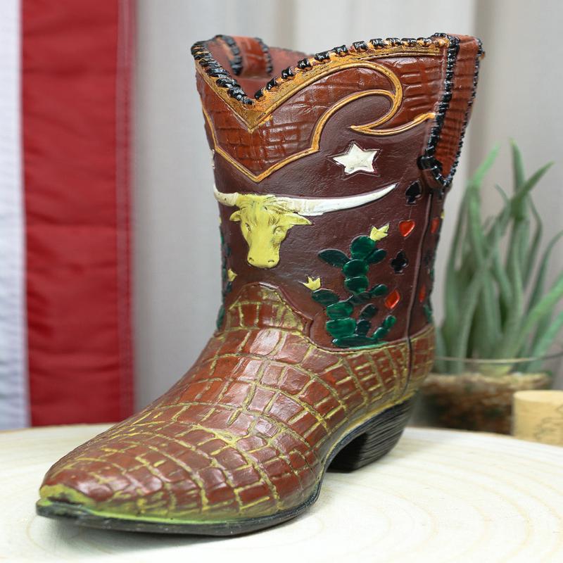 Rustic Western Texas Longhorn Faux Crocodile Prints Cowboy Boot Vase Figurine