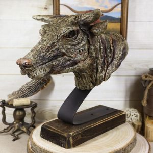 Rustic Wildlife Faux Driftwood Finish Bull Steer Cow Skull Bust Figurine On Base