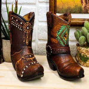 Set of 2 Western Cowboy Turquoise & Dreamcatcher Boots Make Up Tools Pen Holder