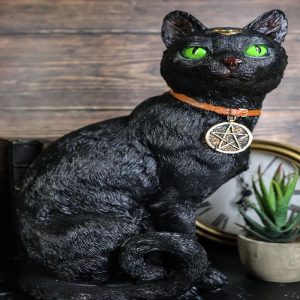 Wicca Witchcraft Green Eyed Moon Black Cat With Pentagram Necklace Figurine
