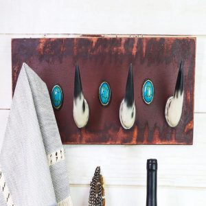 20"L Rustic Western Country Bull Cow Horns With Gems Wall Hooks Wooden Plaque