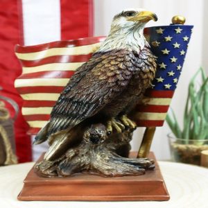 American Pride National Emblem Bald Eagle Perching On Tree By Flag Figurine 9"H