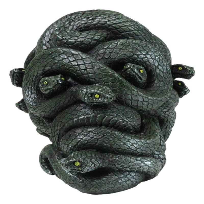 Aztec Quetzalcoatl Green Slithering Snake Serpents Cranium Skull Figurine