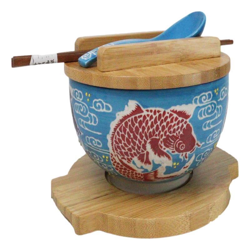 Blue And Red Koi Fishes Donburi Ramen Bowl With Lid Trivet Spoon Chopsticks Set