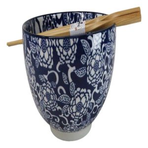 Blue Botanica Floral Blossoms 20Oz Donburi Ramen Soup Bowl With Chopsticks Set