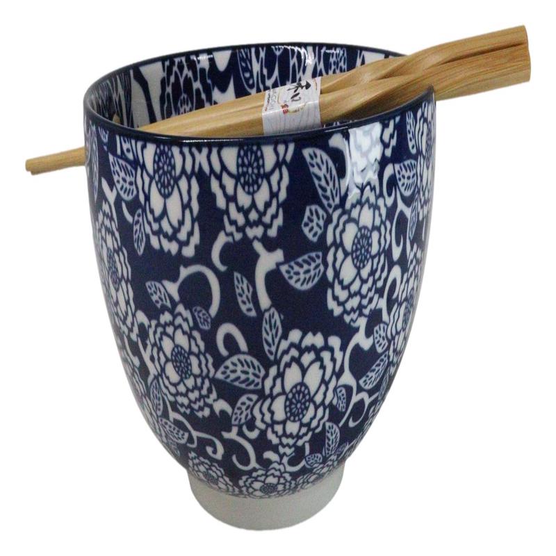 Blue Botanica Floral Blossoms 20Oz Donburi Ramen Soup Bowl With Chopsticks Set