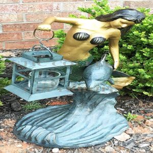 Ebros Mermaid with Dolphin Holding Candle Lantern Statue Candleholder Garden