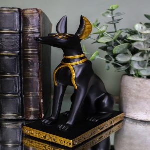 Egyptian Jackal Dog God of The Dead Anubis Sitting On Hieroglyphic Base Figurine