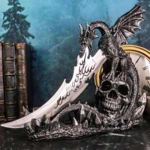 Fantasy Leviathan Dragon On Graveyard Skull With Fire Dagger Letter Opener Set