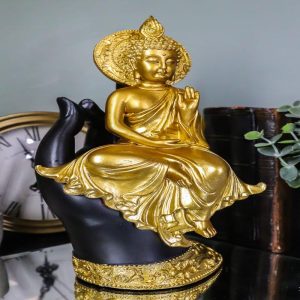 Feng Shui Golden Fire Buddha Gautama Meditating On Black Mudra Hand Figurine