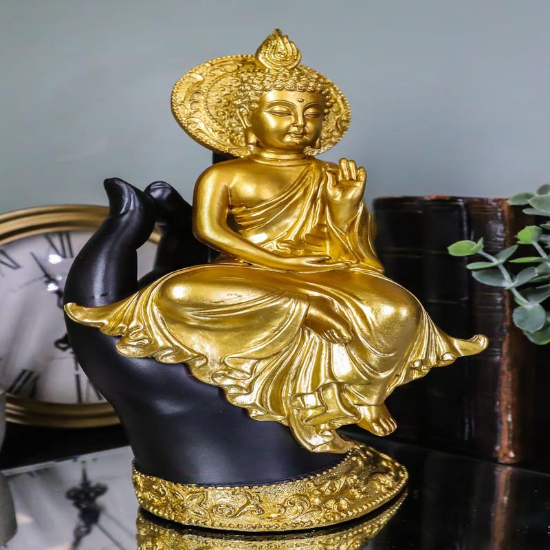 Feng Shui Golden Fire Buddha Gautama Meditating On Black Mudra Hand Figurine