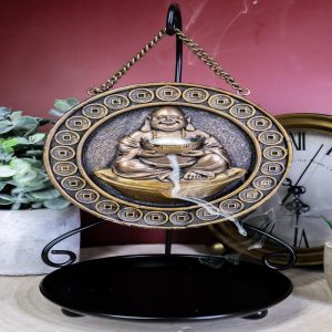 Feng Shui Lucky Buddha Hotei Medallion Backflow Incense Burner With Stand 9.75"H