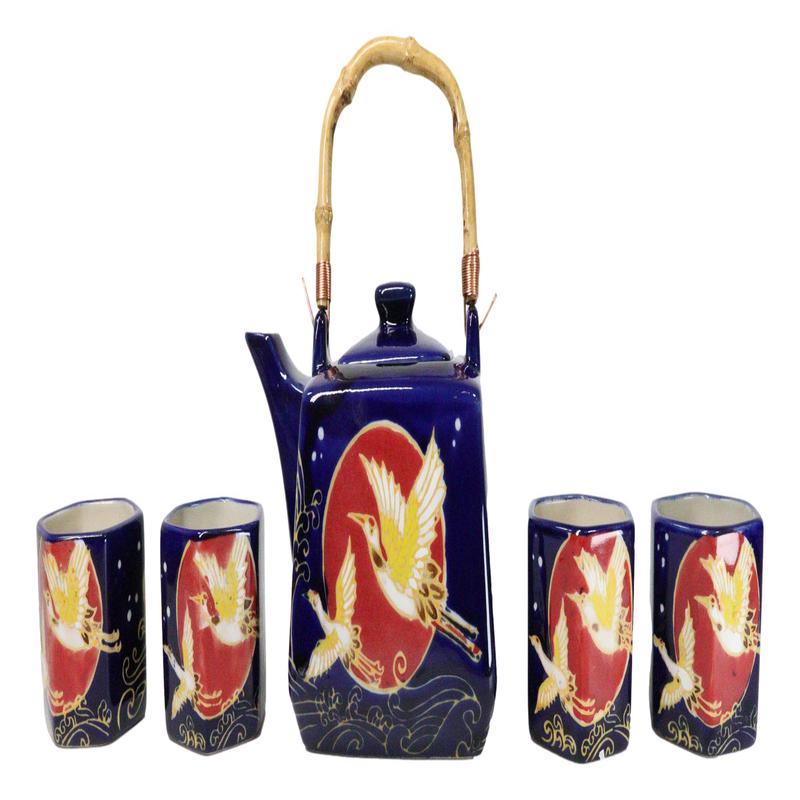 Golden Crane With Red Moon Blue Ceramic Hexagonal Teapot With 4 Tea Cups Set