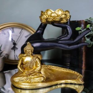 Golden Fire Buddha Meditating By Black Mudra Hand Lotus Votive Candle Holder