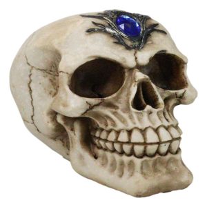 Gothic Macabre Homosapien Skull With Faux Blue Sapphire Gem Crystal Figurine