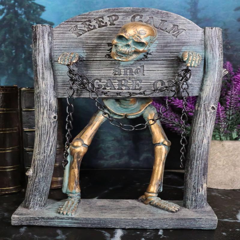 Grinning Skeleton Prisoner Chained At Pillory Keep Calm Scare On Sign Figurine