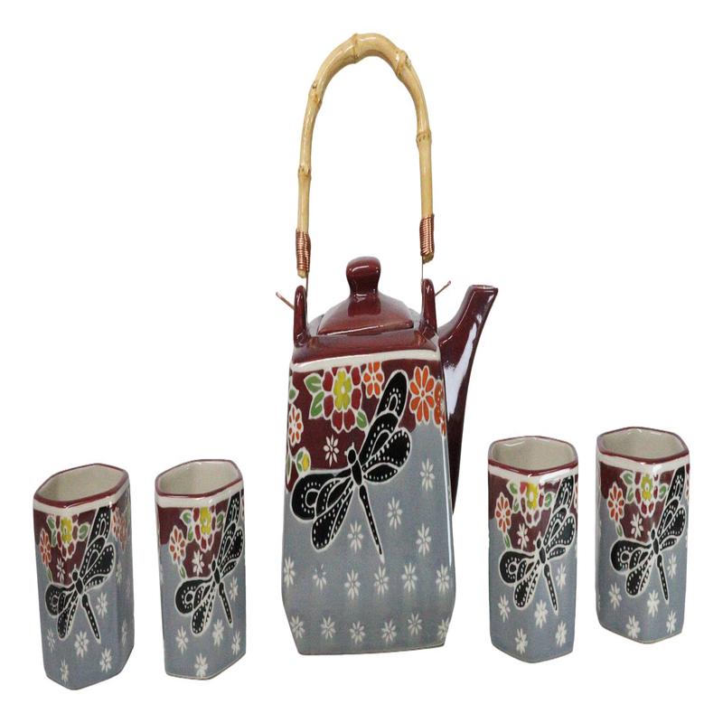 Maroon Grey Tombo Dragonfly With Flowers Hexagonal Teapot With 4 Tea Cups Set
