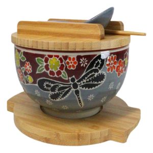 Maroon Tombo Dragonfly Donburi Ramen Bowl With Lid Trivet Spoon Chopsticks Set