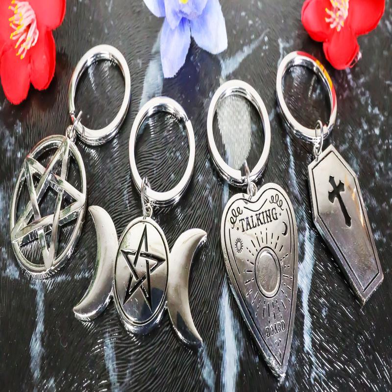 Pack of 4 Metal Wicca Occult Triple Moon Pentagram Coffin Planchette Keychains
