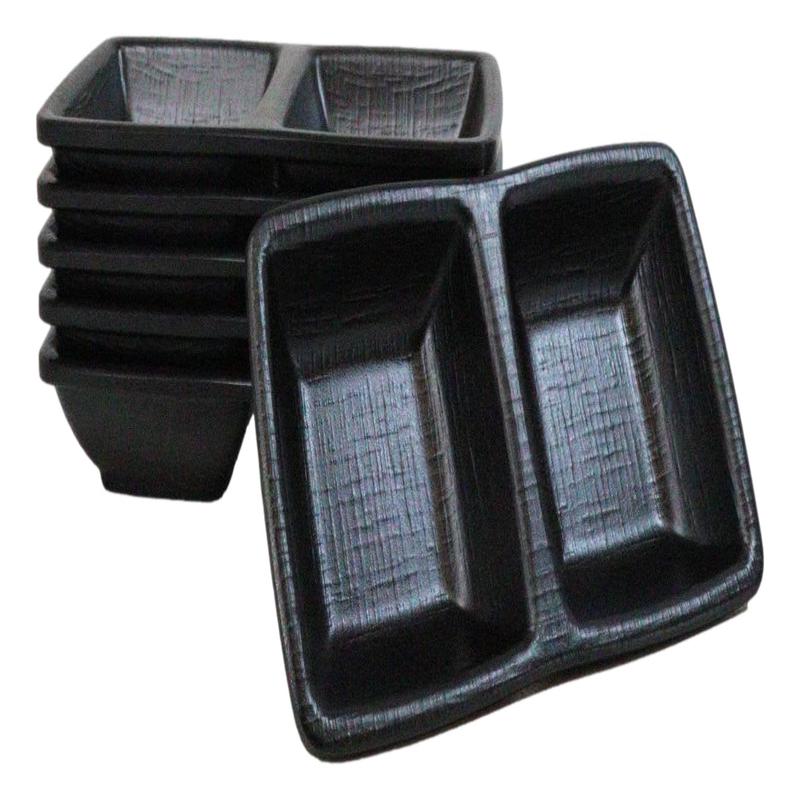 Pack Of 6 Black Silk Melamine 2 Partition Condiment Sauce Dipping Bowl or Dishes