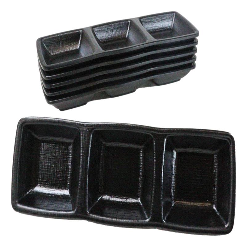 Pack Of 6 Black Silk Melamine 3 Partition Condiment Sauce Dipping Bowl or Dishes