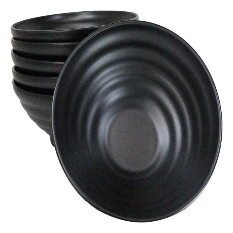 Pack Of 6 Contemporary Ridged Matte Black Melamine Round Ramen Soup Bowls 40oz